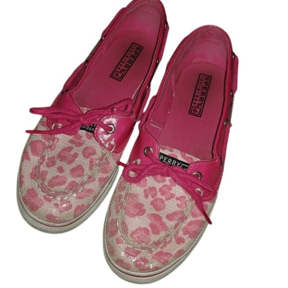Sperry Top-Sider Women's Size 7 Biscayne Pink Leopard Sequin Boat Shoes Slip-On - Picture 3 of 8